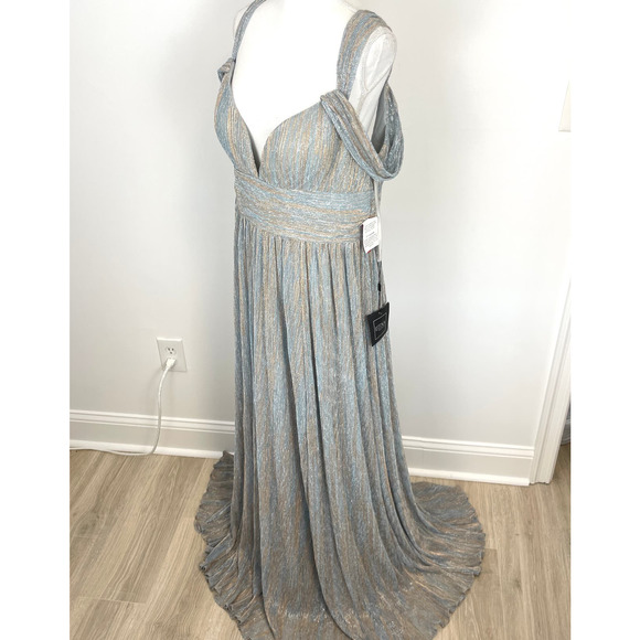 Mac Duggal Grecian Cold Shoulder Backless Gown In Golden Blue 26362 Size 14 New - Picture 7 of 16